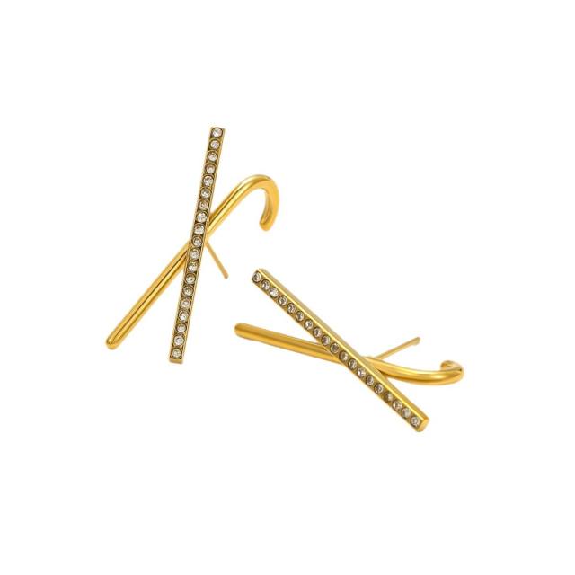 Crossed Embellished 18K Gold Plated 304 Stainless Steel Stud