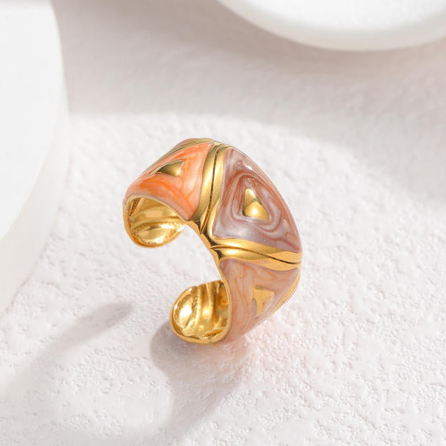 Brown Orange Enamel 18K Gold Plated Stainless Steel Ring