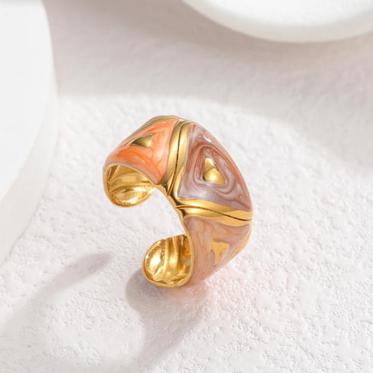 Brown Orange Enamel 18K Gold Plated Stainless Steel Ring