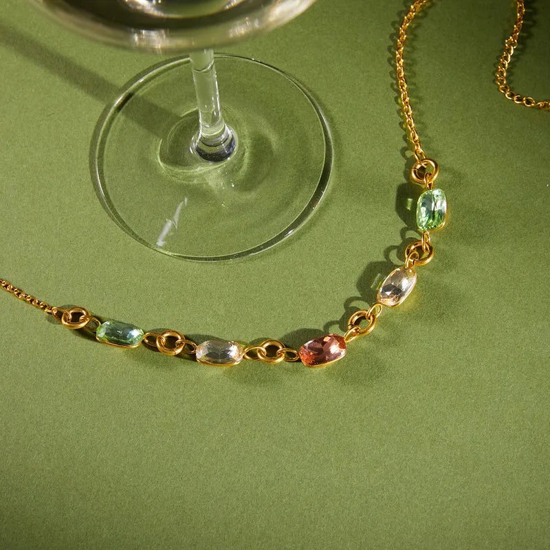 Colored Zirconia 18K Gold Plated 304 Stainless Steel Necklace