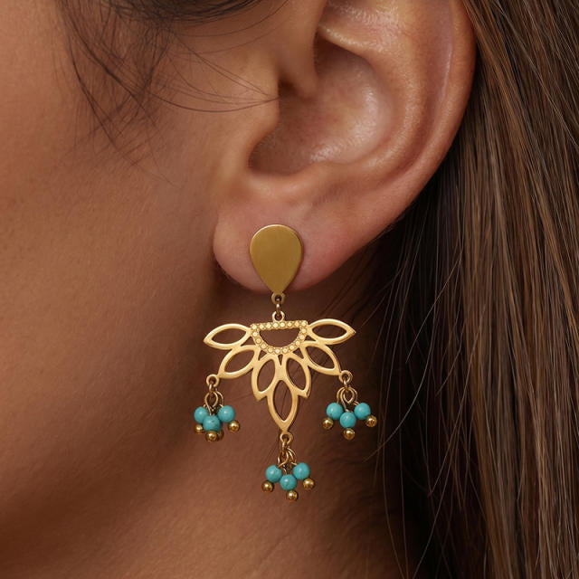 Teal Lotus Tassle 18K Gold Plated Stainless Steel Earring