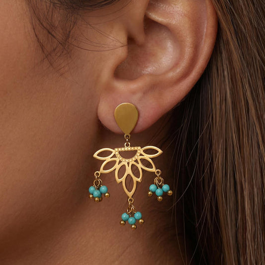 Teal Lotus Tassle 18K Gold Plated Stainless Steel Earring