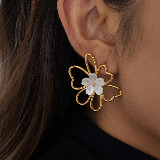 304 Stainless Steel Leaves Flower PVD Coated 18K Real Gold Plated Earring