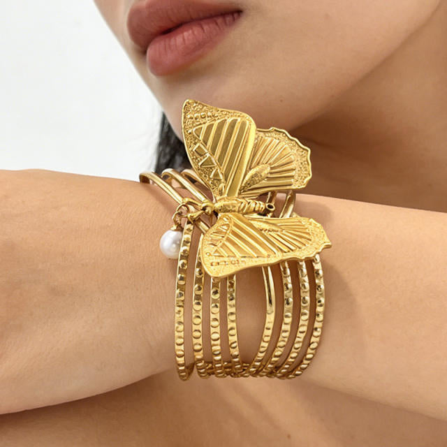 Butterfly Pearl 18K Gold Plated Stainless Steel Bracelet