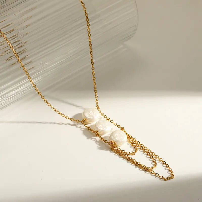 Three White Marbled Layered 18K Gold Plated 304 Stainless Steel Necklace