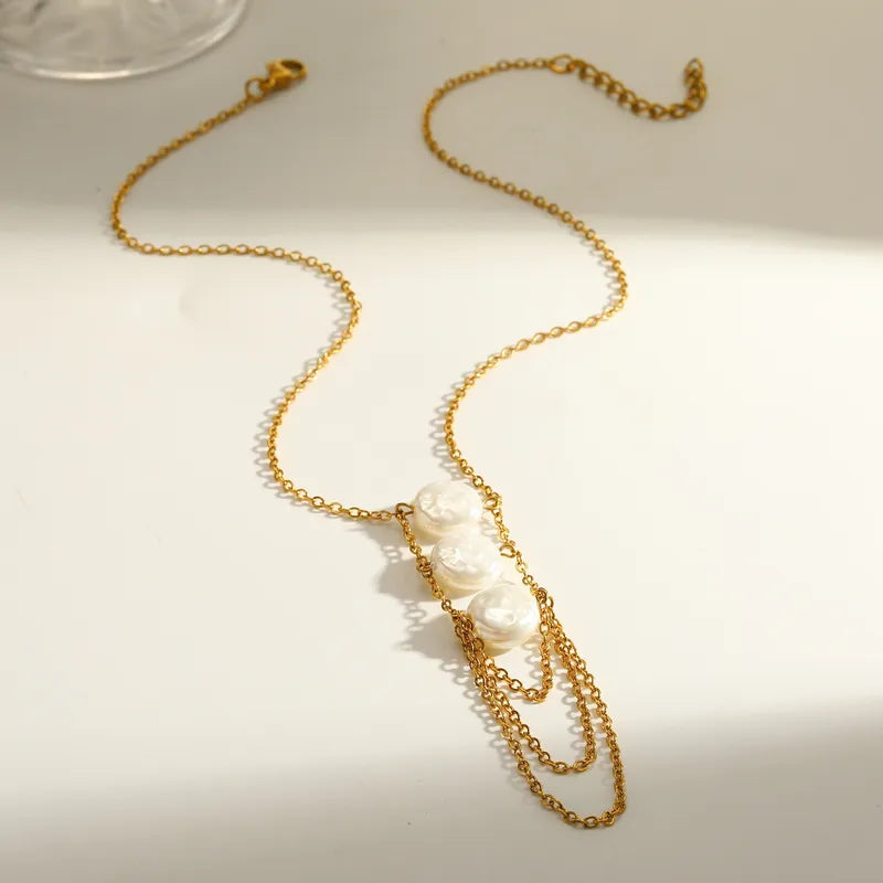 Three White Marbled Layered 18K Gold Plated 304 Stainless Steel Necklace