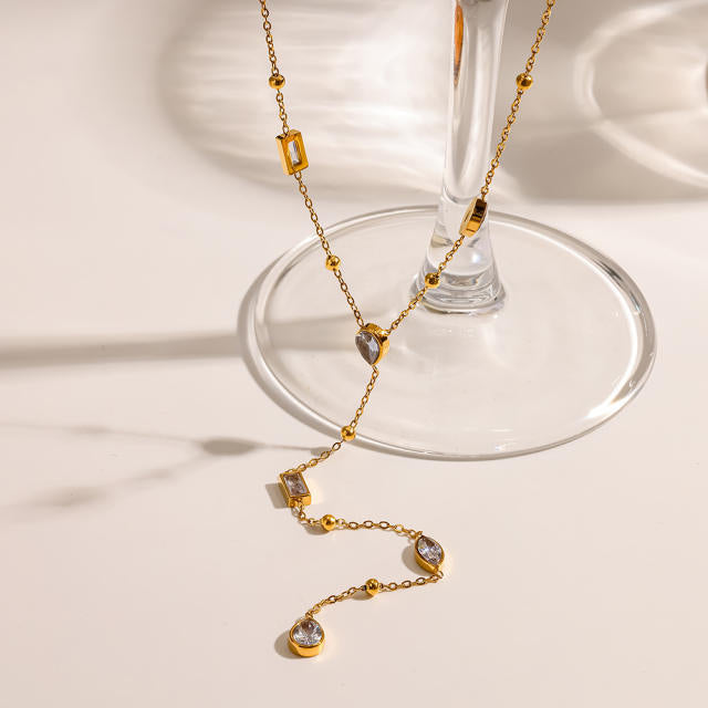Lengthy Zirconia 18K Gold Plated Stainless Steel Necklace