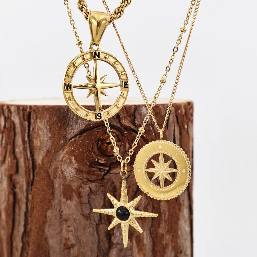 Compass 304 Stainless Steel Zircon 18K Gold Plated Plating Pendant Necklace Cable Chain