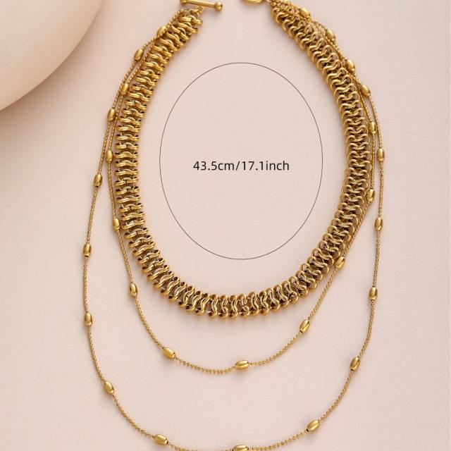 Three Layered Beaded 18K Gold Plated Stainless Steel Necklace