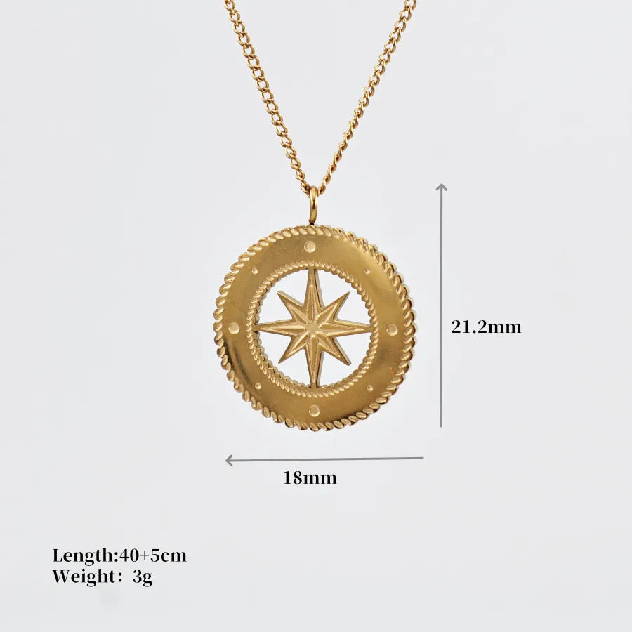 Compass 304 Stainless Steel Zircon 18K Gold Plated Plating Pendant Necklace Cable Chain