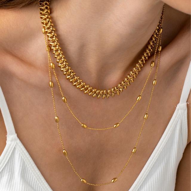 Three Layered Beaded 18K Gold Plated Stainless Steel Necklace