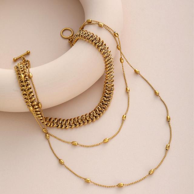 Three Layered Beaded 18K Gold Plated Stainless Steel Necklace