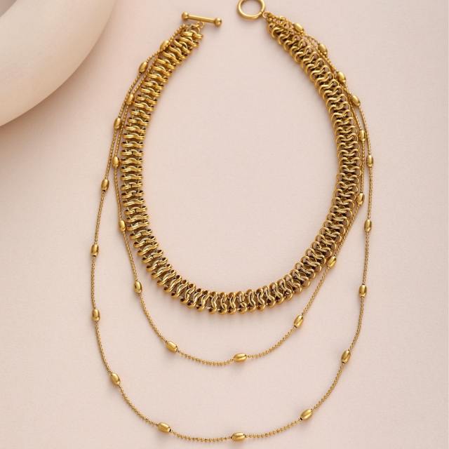 Three Layered Beaded 18K Gold Plated Stainless Steel Necklace