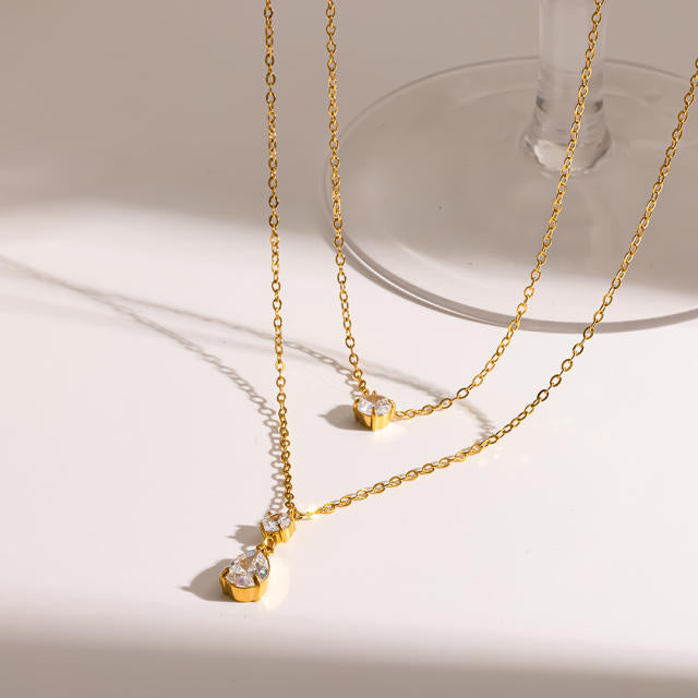 Gemmed Double Layered 18KG Plated Stainless Steel Necklace