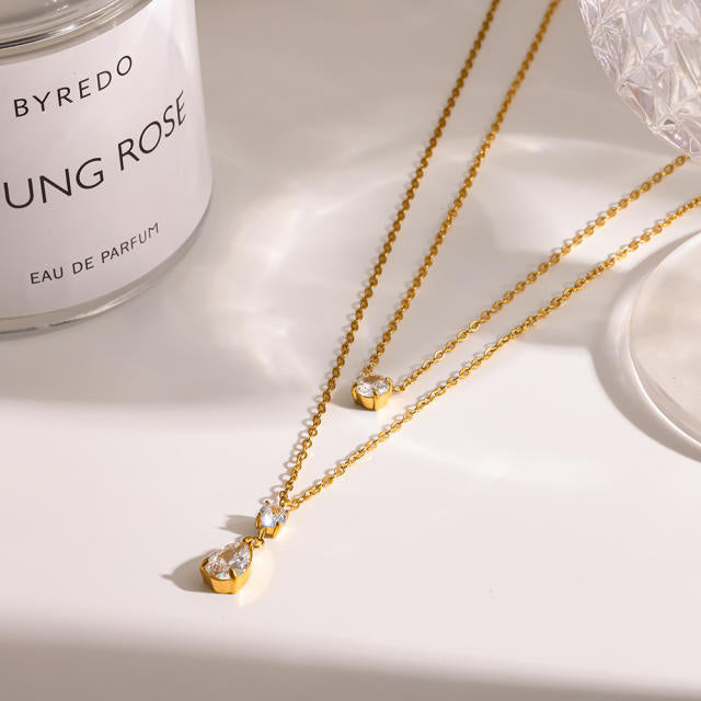 Gemmed Double Layered 18KG Plated Stainless Steel Necklace