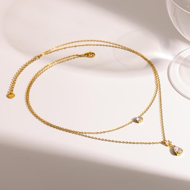 Gemmed Double Layered 18KG Plated Stainless Steel Necklace