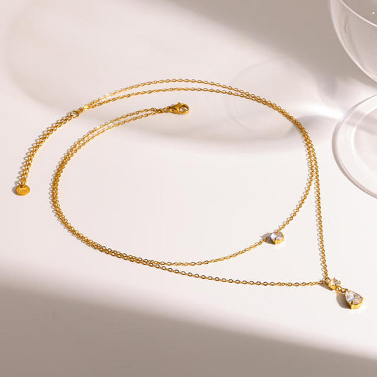 Gemmed Double Layered 18KG Plated Stainless Steel Necklace