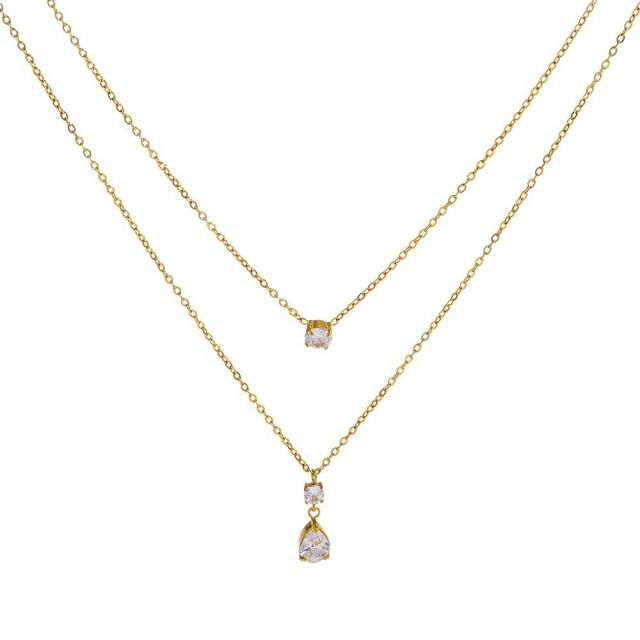Gemmed Double Layered 18KG Plated Stainless Steel Necklace