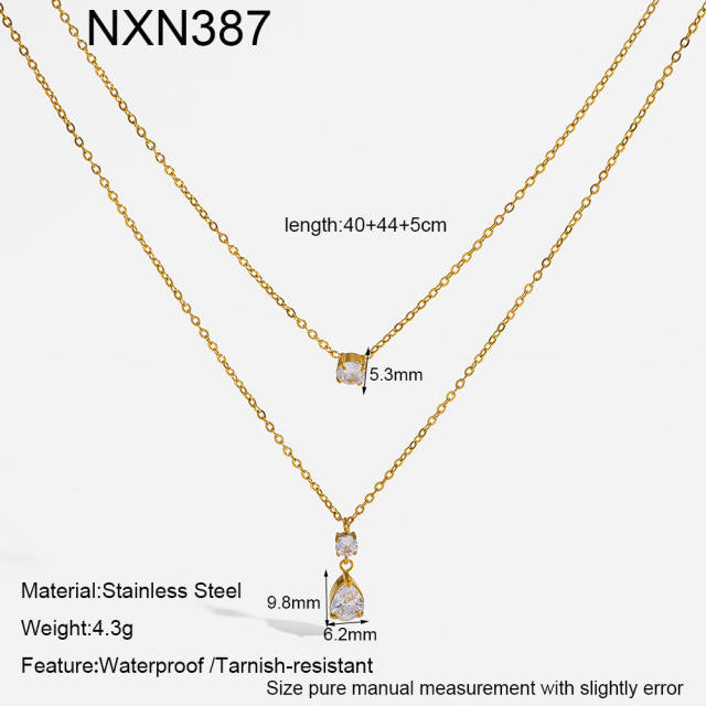 Gemmed Double Layered 18KG Plated Stainless Steel Necklace