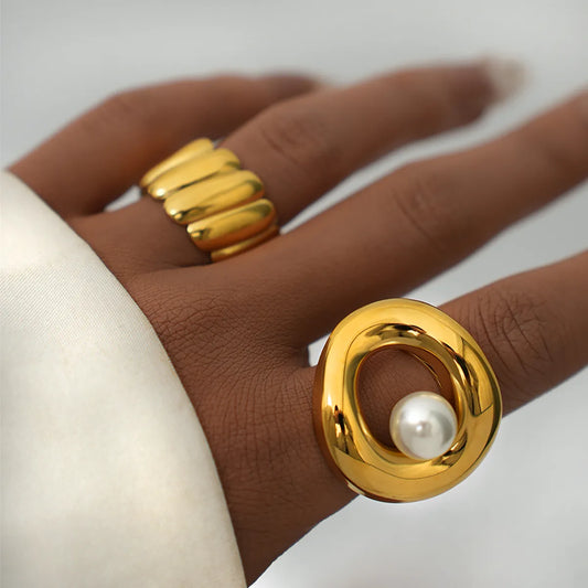 304 Stainless Steel Imitation Pearl 18K Gold Plated Inlaid Pearls Open Ring