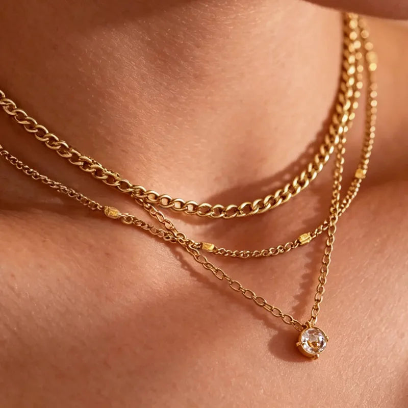 Three Layered Diamond 18K Gold Plated 304 Stainless Steel Necklace