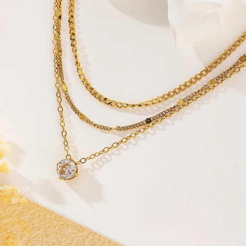 Three Layered Diamond 18K Gold Plated 304 Stainless Steel Necklace