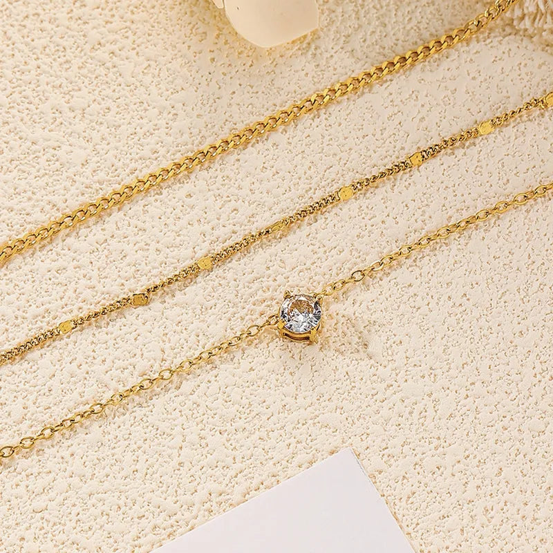 Three Layered Diamond 18K Gold Plated 304 Stainless Steel Necklace