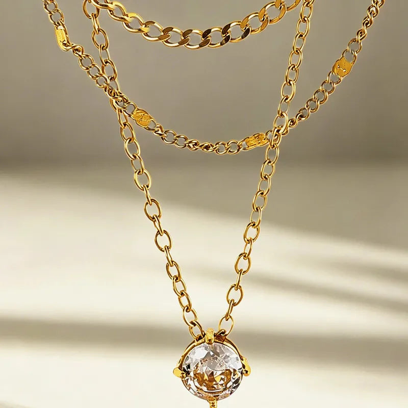 Three Layered Diamond 18K Gold Plated 304 Stainless Steel Necklace