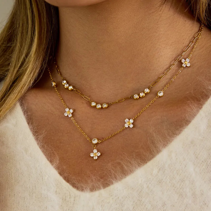 18K Gold Plated 304 Stainless Steel Necklace With White Zircon Four-Leaf Necklace