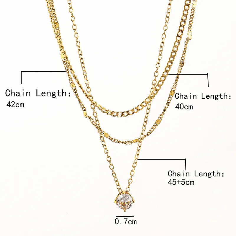 Three Layered Diamond 18K Gold Plated 304 Stainless Steel Necklace
