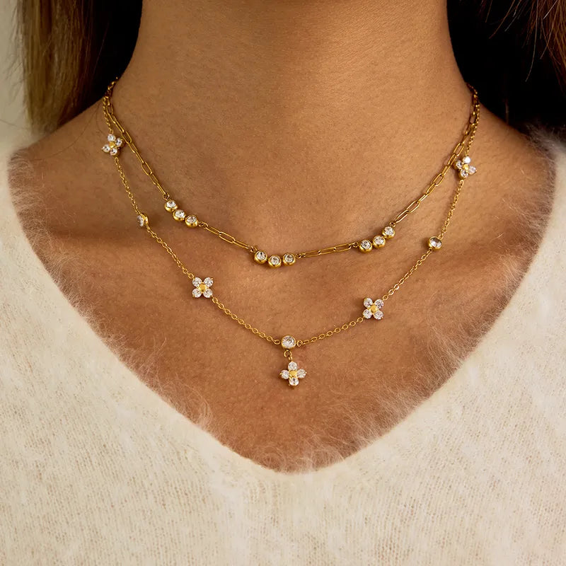 18K Gold Plated 304 Stainless Steel Necklace With White Zircon Four-Leaf Necklace
