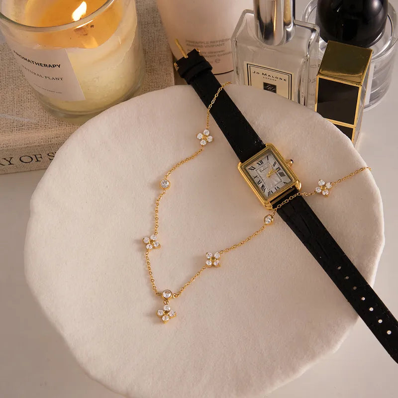 18K Gold Plated 304 Stainless Steel Necklace With White Zircon Four-Leaf Necklace