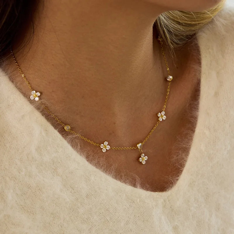 18K Gold Plated 304 Stainless Steel Necklace With White Zircon Four-Leaf Necklace