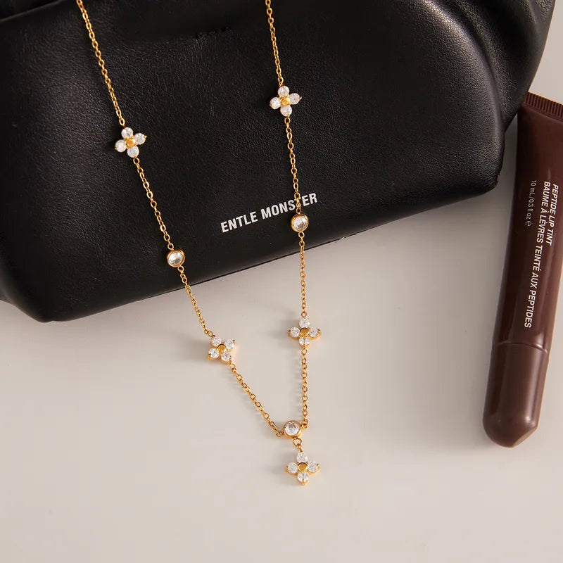 18K Gold Plated 304 Stainless Steel Necklace With White Zircon Four-Leaf Necklace