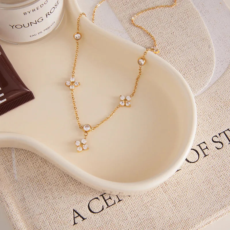 18K Gold Plated 304 Stainless Steel Necklace With White Zircon Four-Leaf Necklace
