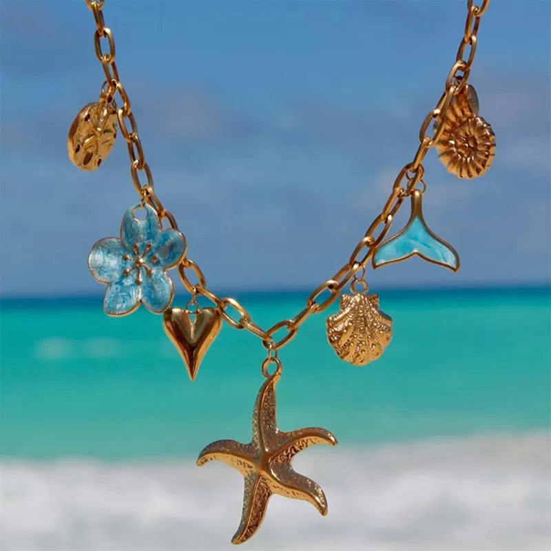 Starfish Mermaid Tail 18K Gold Plated 304 Stainless Steel Charm Necklace