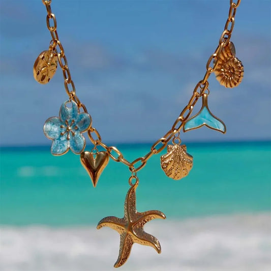 Starfish Mermaid Tail 18K Gold Plated 304 Stainless Steel Charm Necklace
