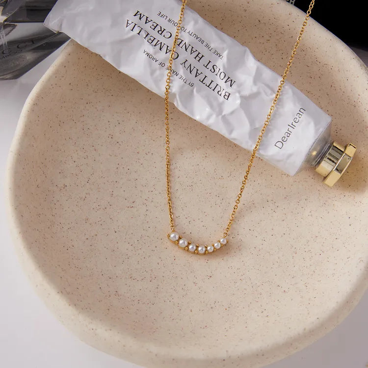 Elegant And Graceful / 18K Gold Stainless Steel Pearl Smiley Face Pendant Necklace 42+5CM