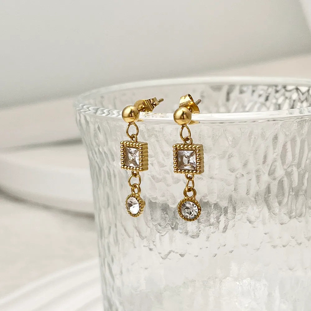 Clear Zircon Diamond Plating Inlay 304 Stainless Steel 18K Gold Plated Drop Earrings