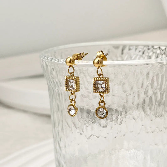 Clear Zircon Diamond Plating Inlay 304 Stainless Steel 18K Gold Plated Drop Earrings