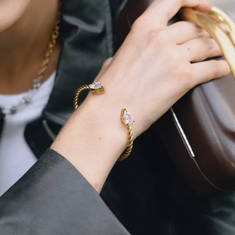 18K Gold Stainless Steel + Zircon White Water Drop Zircon Twisted Open Bracelet