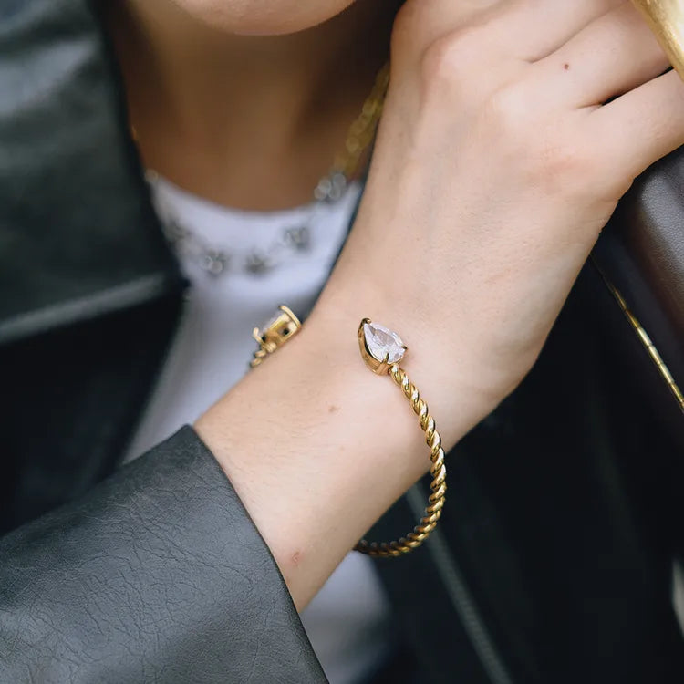 18K Gold Stainless Steel + Zircon White Water Drop Zircon Twisted Open Bracelet