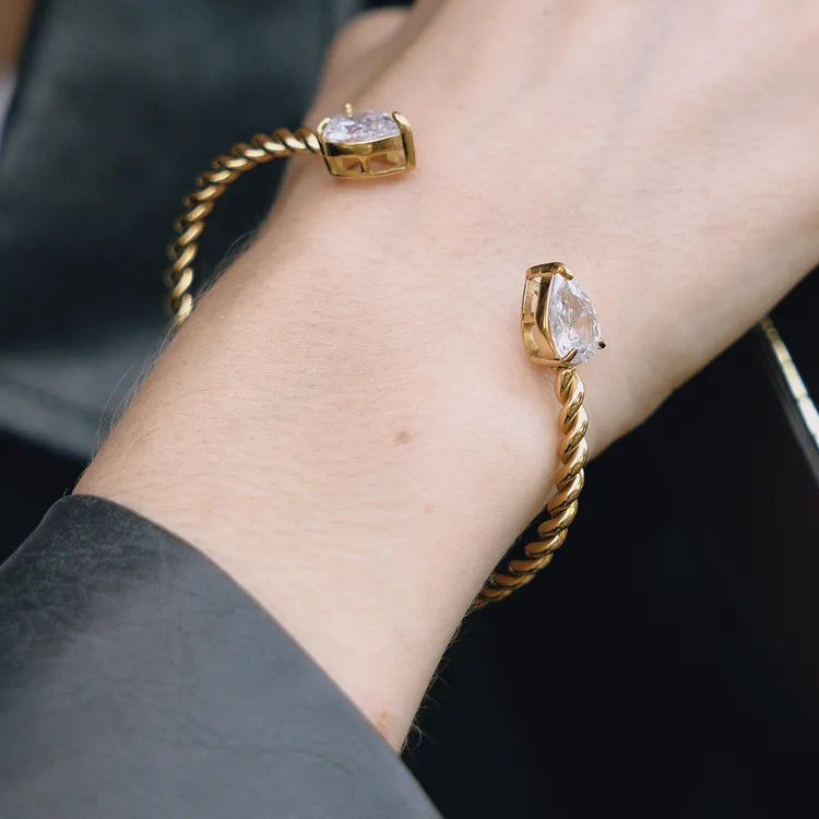 18K Gold Stainless Steel + Zircon White Water Drop Zircon Twisted Open Bracelet