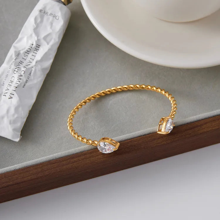 18K Gold Stainless Steel + Zircon White Water Drop Zircon Twisted Open Bracelet