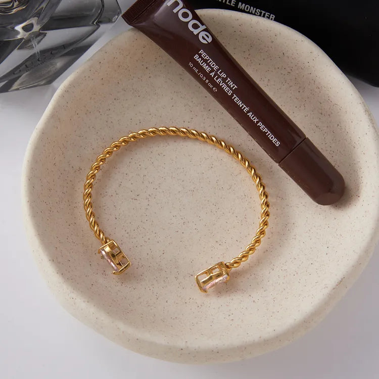 18K Gold Stainless Steel + Zircon White Water Drop Zircon Twisted Open Bracelet