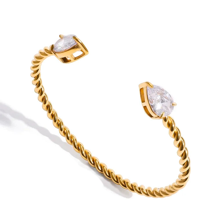 18K Gold Stainless Steel + Zircon White Water Drop Zircon Twisted Open Bracelet