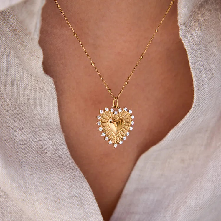 Ribbed Zircon Heart 18K Gold Stainless Steel Pendant Necklace 45+5CM