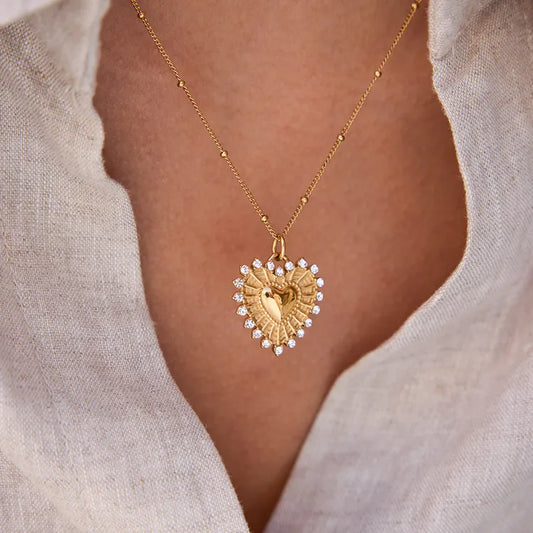 Ribbed Zircon Heart 18K Gold Stainless Steel Pendant Necklace 45+5CM