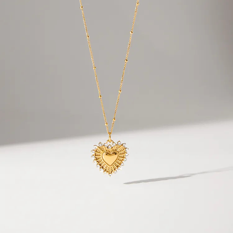 Ribbed Zircon Heart 18K Gold Stainless Steel Pendant Necklace 45+5CM