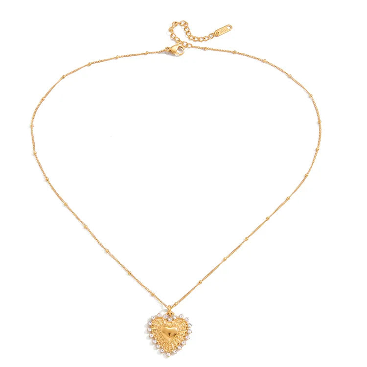 Ribbed Zircon Heart 18K Gold Stainless Steel Pendant Necklace 45+5CM